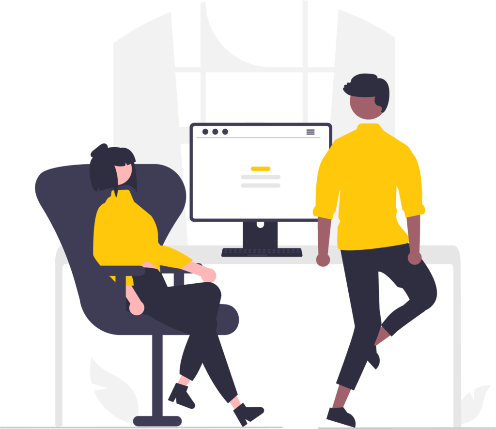 Careers 37 Two-people-interacting-with-computer,-one-sitting-and-one-standing